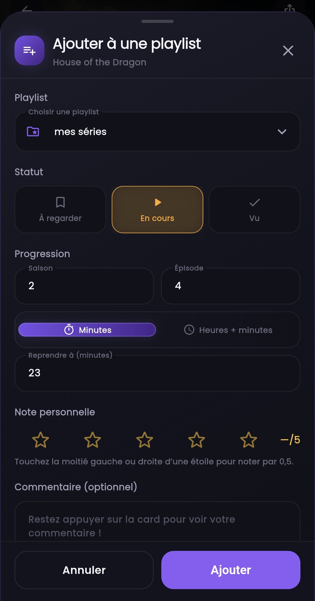 Ajout de House of the Dragon à une playlist avec sa progression