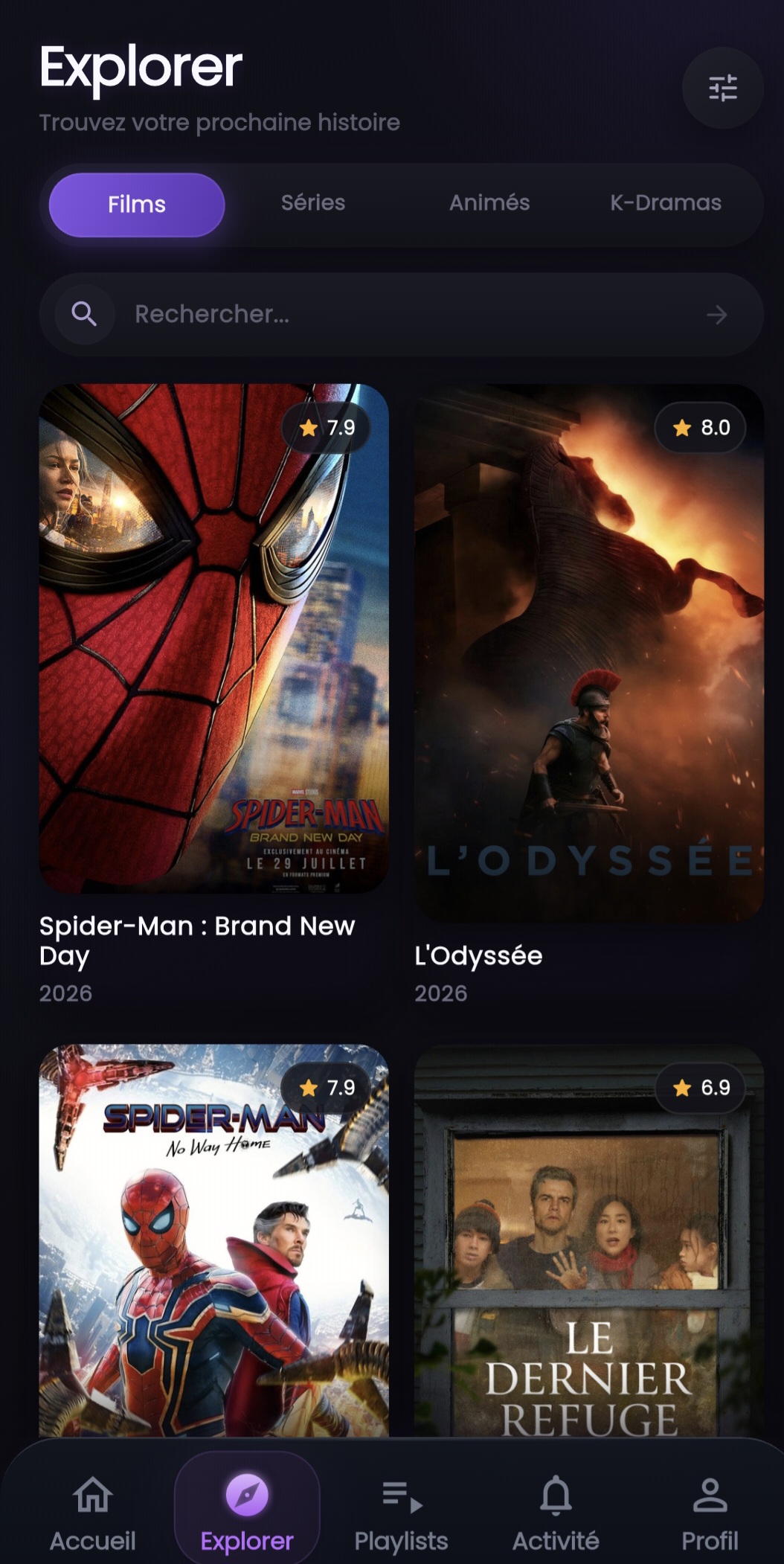 Écran Explorer de ListiFly avec une sélection de films