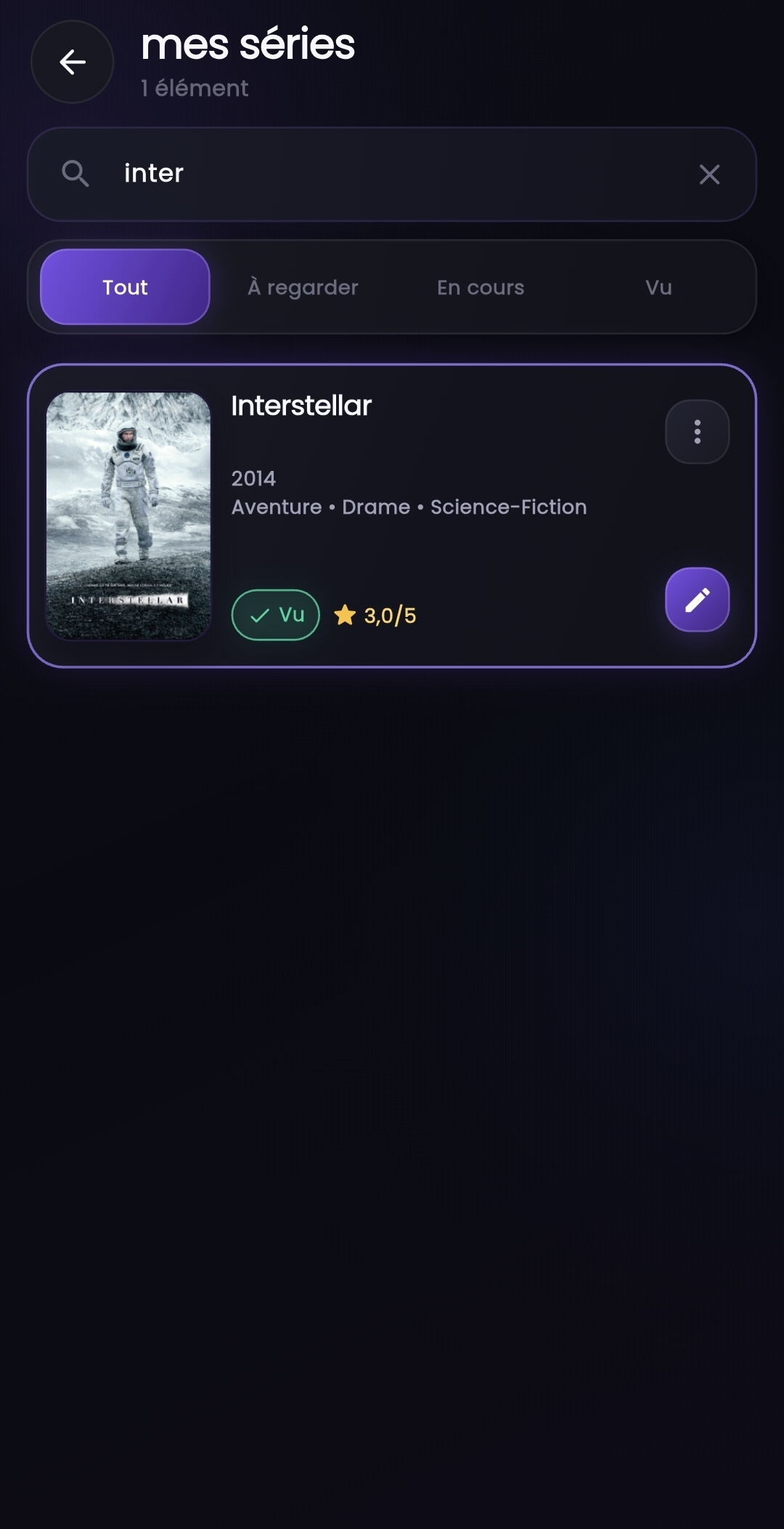 Interstellar marqué comme vu dans une playlist ListiFly